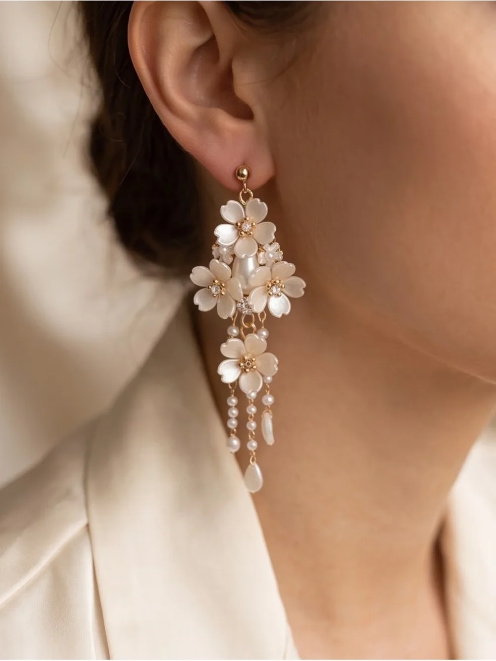 Elegant Floral Dangle Earrings in Ivory Gold - Women Jewelry